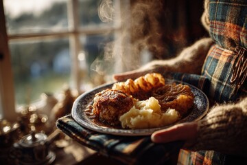 Holding plate of traditional Scottish food by window