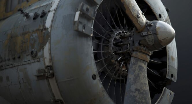 Close view of historic aircraft radial engine with copy space for text