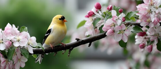 Small yellow and black bird stands on a branch surrounded by pink flowers and blurred green leaves in a natural setting with soft light
