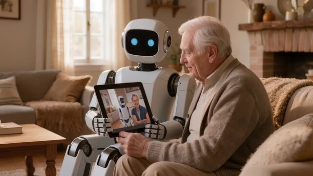 Senior white man video chatting with humanoid home robot using digital tablet in cozy living room. Concept of assisted living technology, remote family communication, telehealth support, and social co
