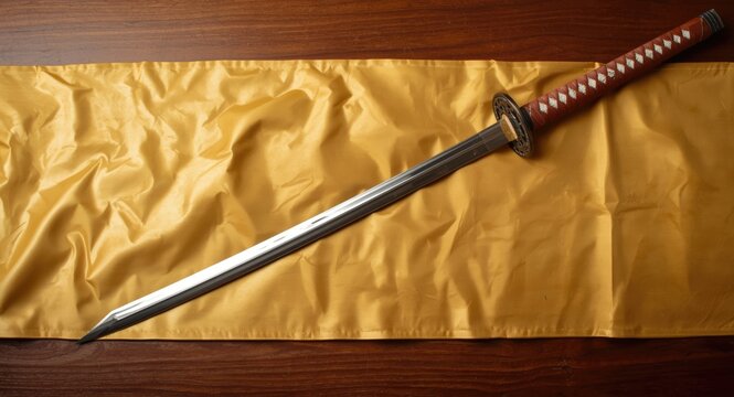 Golden cloth spread on wooden table featuring katana sword and designated copy space