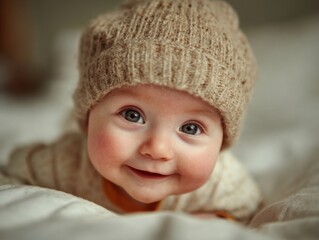 A baby with a beige knit cap gazes upwards at the camera with a curious expression.