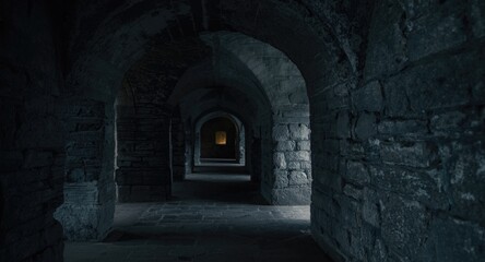 Fototapeta premium Dim stone corridor in medieval fortress featuring historic archways