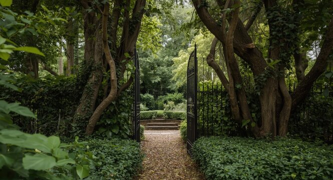 A hidden garden charm enclosed by ivy laden trees and open iron gate access point