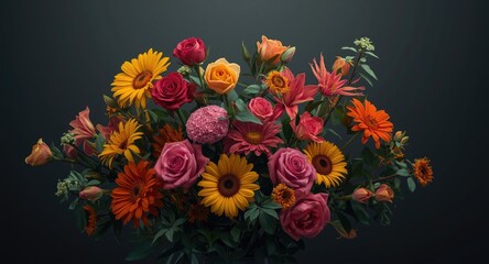 floral display with bright colors on a dark soft daylight background