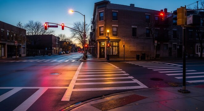 Empty city street intersection at dusk with traffic lights and crosswalks.