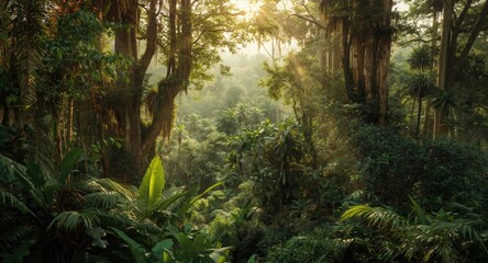 Fototapeta premium Dense jungle with towering trees and vivid greenery offering a refreshing atmosphere