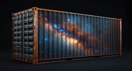 Detailed 3D cartoon art of the Milky Way galaxy glowing over a metal cargo container