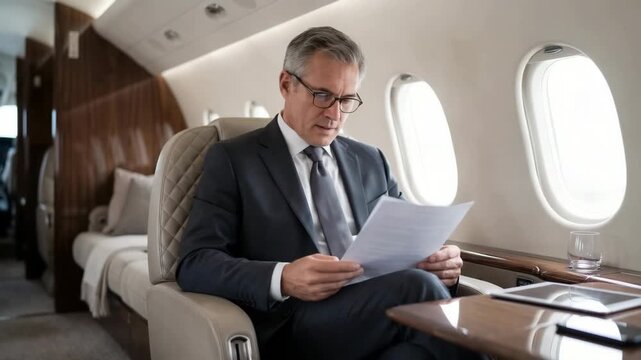 Businessman reviews documents while on a private jet during a flight