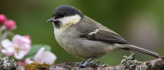 Naklejka premium Small bird perched on branch with pink flowers in garden, showcasing black and yellow colors against blurred green background