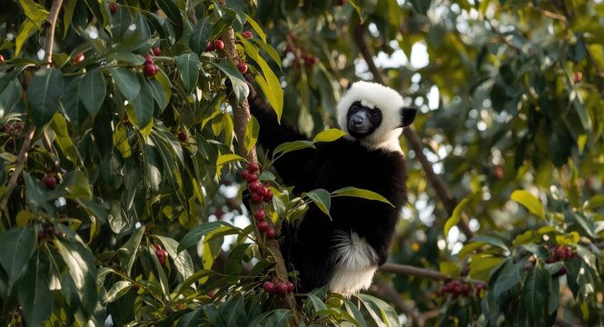 Black and white indri indri climbing and feeding on tree leaves at daytime