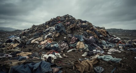 Illustration of large-scale textile waste impact with discarded garments on landfill ground