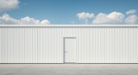 Fototapeta premium Clean and minimal white corrugated metal wall with plain door under a sunny sky filled with clouds and copy space