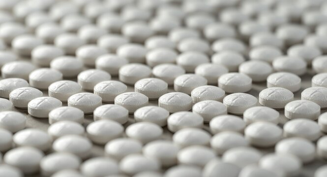 Close up macro shot of white ivermectin tablets spilled with copy space