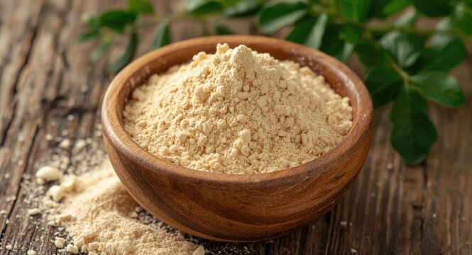 Healthy natural sweetener stevioside powder in wood bowl with plant extract