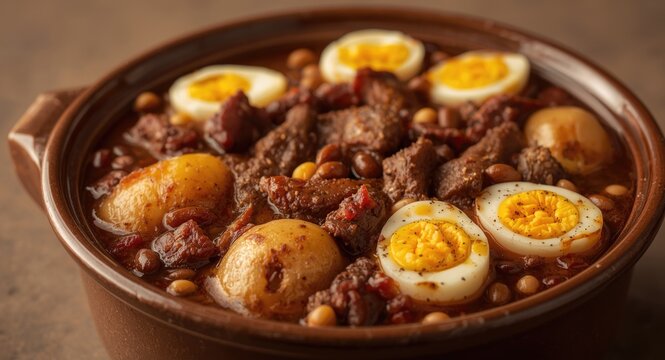Homestyle Jewish Cholent full of slow braised beef potatoes beans and boiled eggs