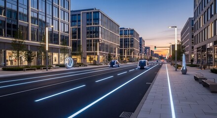 Fototapeta premium Modern City Street with Illuminated Lines and Contemporary Buildings at Dusk.