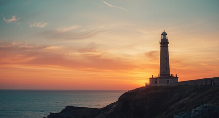 Lighthouse framed by warm sunset tones and gentle clouds