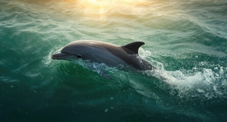 Obraz premium Delighted dolphin swimming swiftly in a lively green ocean environment