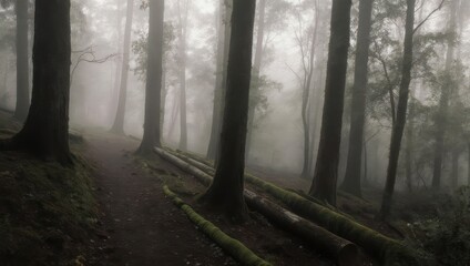Fototapeta premium Ethereal Forest Trail - A Misty Journey Through Natures Embrace.