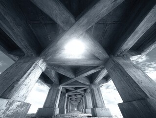 Obraz premium A symmetrical architectural design features interconnected beams and columns converging at a central point, exhibiting a strong, imposing form.