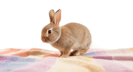 Naklejka premium Cute young bunny hopping on multicolored pastel textile against bright white background