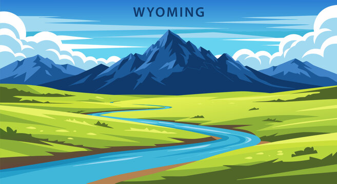 Wyoming Landscape Vector Illustration with Majestic Mountains and Winding River, Scenic Beauty