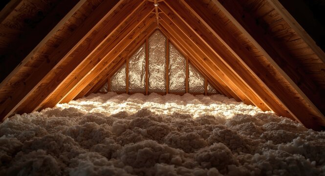 Attic space insulation using fiberglass and reflective heat barriers seen through gable structure