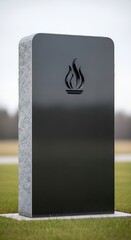 Sleek Black Memorial Stone with Flame Symbol in a Serene Outdoor Setting.