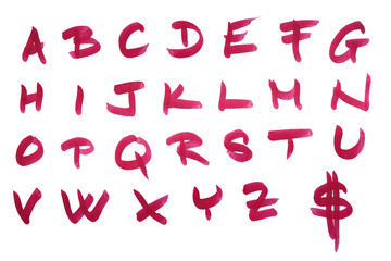 Hand painted alphabet letters created with bold red marker on clean white background. Expressive handmade typography with organic imperfections, suitable for branding, posters, editorial design © gabriela