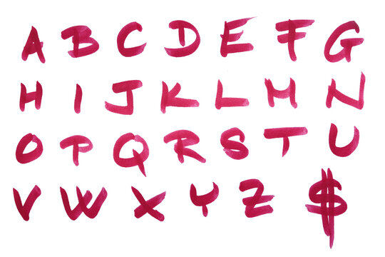 Hand painted alphabet letters created with bold red marker on clean white background. Expressive handmade typography with organic imperfections, suitable for branding, posters, editorial design