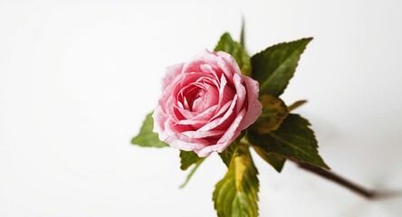 Fototapeta premium Lovely pink flower head with rich green leaves on white canvas