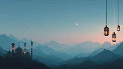 Obraz premium Ramadan hanging lanterns over mountain mosque skyline at dawn for Islamic greeting and festival background