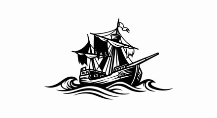 A stylized black and white illustration of a sailing ship on the waves