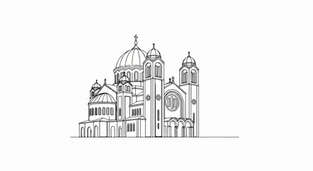Black and white line drawing of a large, multi-domed building with Gothic architectural elements