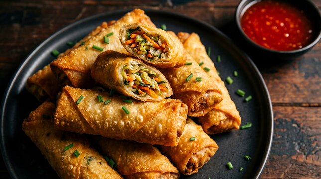 Crispy golden brown vegetable egg rolls stacked high on a dark plate served with sweet chili dipping sauce