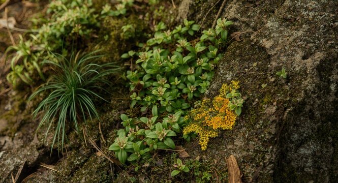 Detailed texture of yellow lichen and soft green moss on rock with lush asplenium trichomaches plants behind