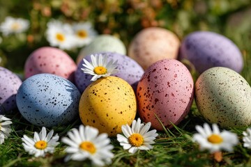 Vibrant Speckled Pastel Easter Eggs and Daisies in Lush Green Grass.