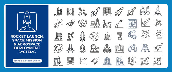 Rocket Launch and Space Exploration Outline Vector Icon Set — Editable Stroke Line Icons for Web and App UI © Pixel_Forge