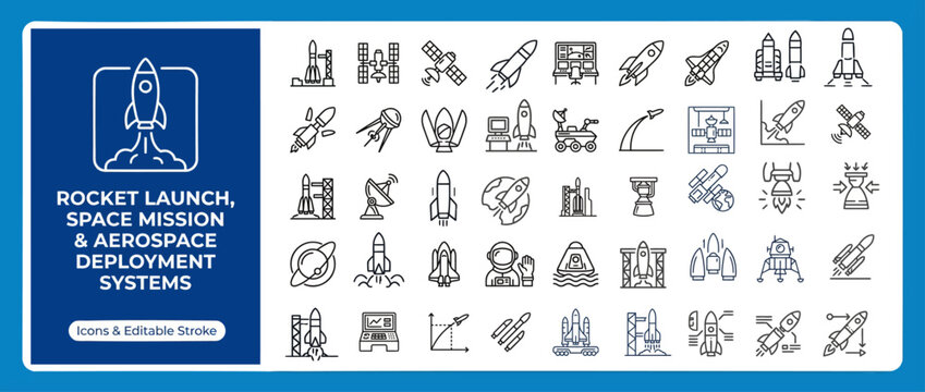 Rocket Launch and Space Exploration Outline Vector Icon Set &mdash; Editable Stroke Line Icons for Web and App UI