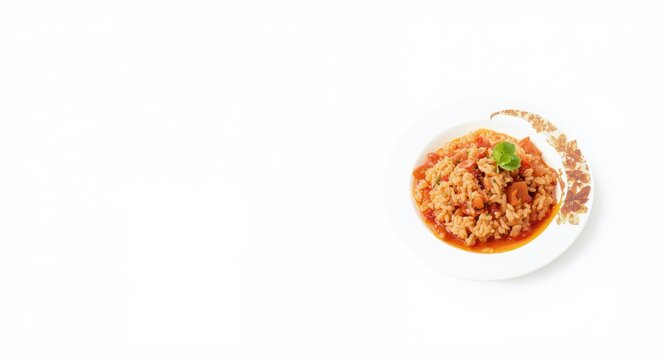 Gourmet Italian risotto with rich tomato sauce and clear copy space