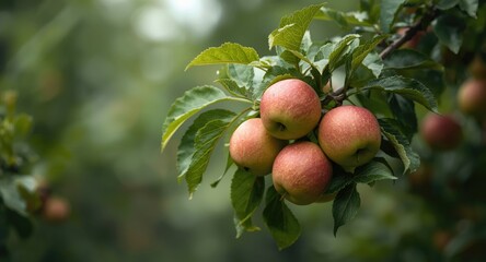 Obraz premium Apple tree branch heavy with fruit and reserved copy space for text