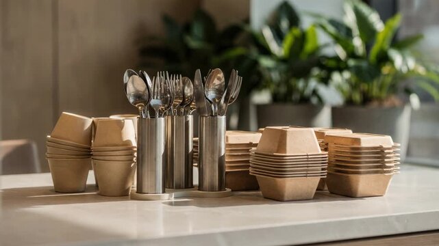 Medium shot featuring a sustainable takeout station at a hotel cafe highlighting reusable utensils and compostable containers with outoffocus green plants in the background.