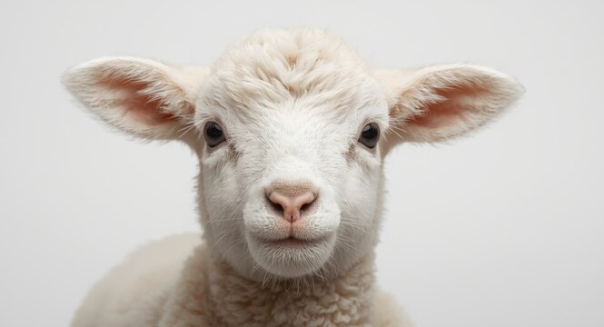 Adorable young lamb close up showing face details on a clean plain backdrop