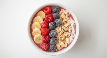 Healthy fruit smoothie bowl with yogurt banana and berries topped with frozen blackcurrant almonds and sesame seeds with a white bowl top view and copy space
