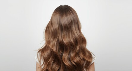 Fototapeta premium Back view portrait of a girl with lengthy flowing hair on white background