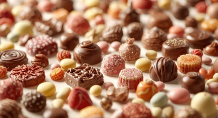Arranged chocolate candies and colorful sweets on a white surface creating a festive and inviting display