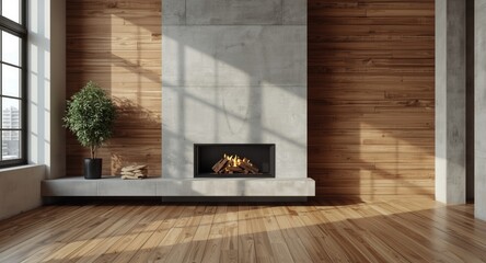 Fototapeta premium Loft living room design with fireplace concrete and wooden wall textures natural light from windows