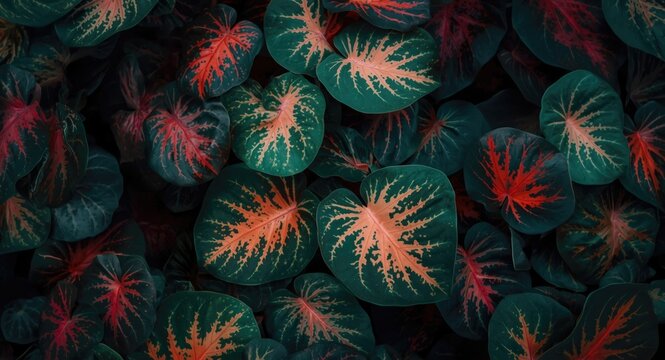 Caladium bicolor tropical foliage with striking variegation and diverse leaf forms