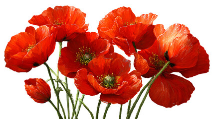 Obraz premium Vibrant red poppy flowers with green stems on a transparent background isolated on transparent background
